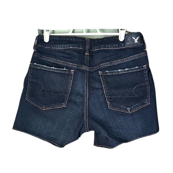 American Eagle Hi Rise Shortie Dark Wash Distressed Hem Longer Inseam Nice T35 - Picture 2 of 7